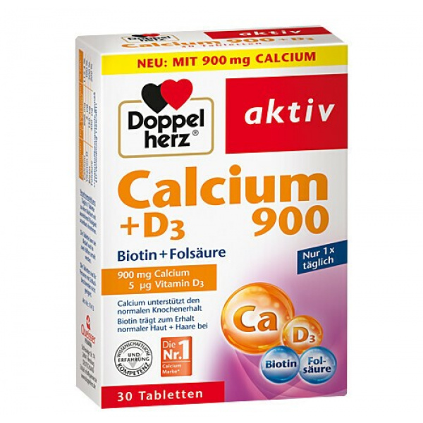 DoppelHerz Calcium 900 + Vitamina D3 con Biotina + Acido Folico - 30pz