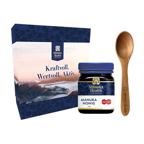 Manuka Health MGO 400+ Manuka Honig+e.L.Gesch.set 250 gr  ( Manuka Health MGO 400+ Miele di Manuka + set regalo cucchiaino 250 gr )