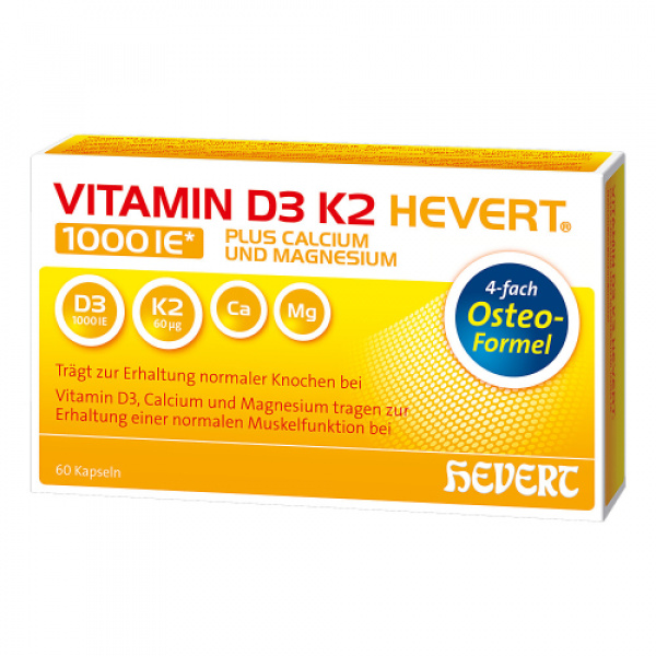VITAMIN D3 K2 Hevert plus Ca Mg 1000 IE/2 Kapseln 60 stk  (VITAMINA D3 K2 Hevert plus Ca Mg 1000 UI / 2 capsule 60 pz)